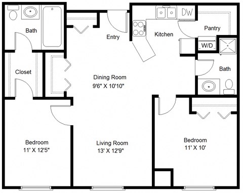 Floor plan for 2 beds, 2 baths, 998 sqft
